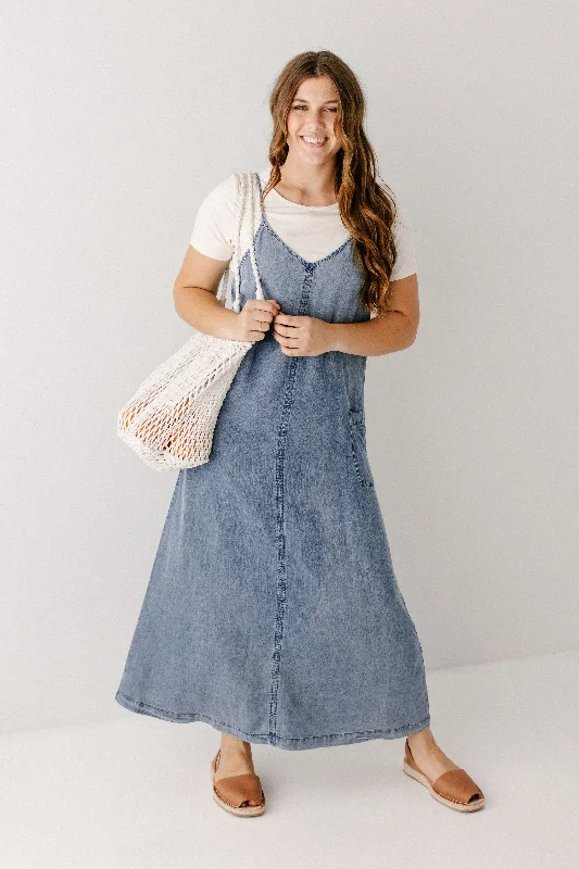 'Riviera' Lyocell Overall Maxi Dress in Denim Blue