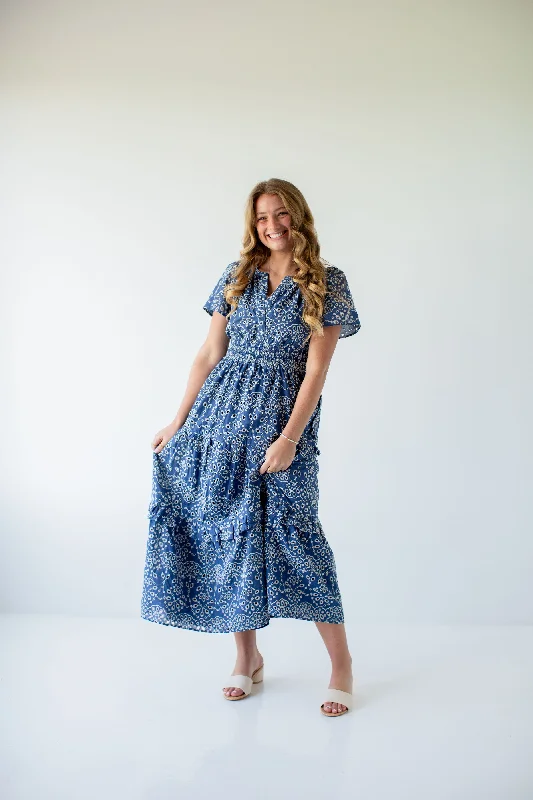 'Selena' Eyelet Poplin Tiered Maxi Dress in Deep Blue