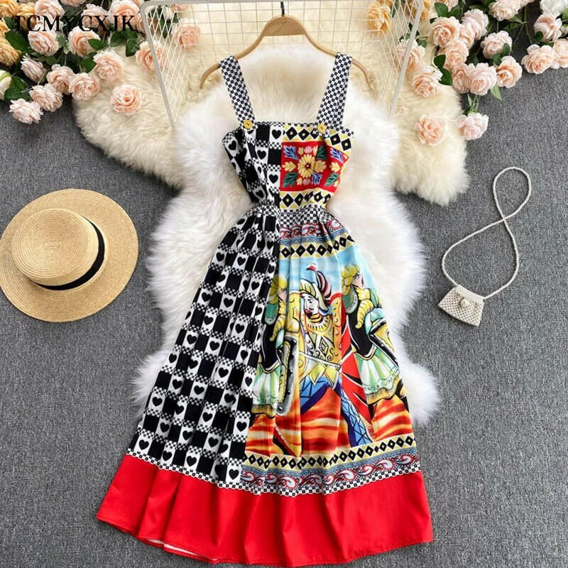 Summer Dresses Women Fashion Print Color Matching Slim Mid Length Suspender Off Shoulder Dress