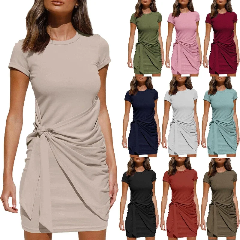 Summer Women Dress Self Tie Draped T-Shirt Dress Solid Cotton Casual Summer Outfits Women Sexy Daily Short Sleeve Dress