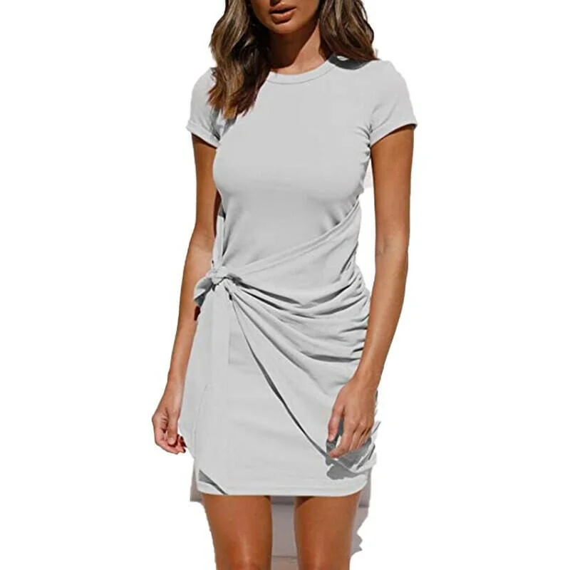 Summer Women Dress Self Tie Draped T-Shirt Dress Solid Cotton Casual Summer Outfits Women Sexy Daily Short Sleeve Dress