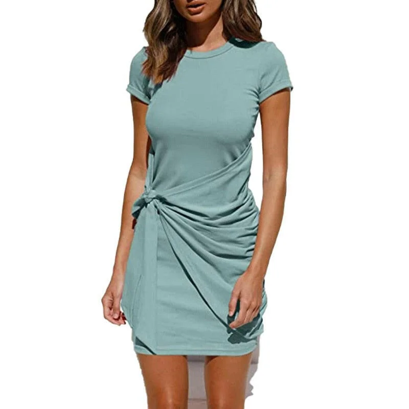 Summer Women Dress Self Tie Draped T-Shirt Dress Solid Cotton Casual Summer Outfits Women Sexy Daily Short Sleeve Dress