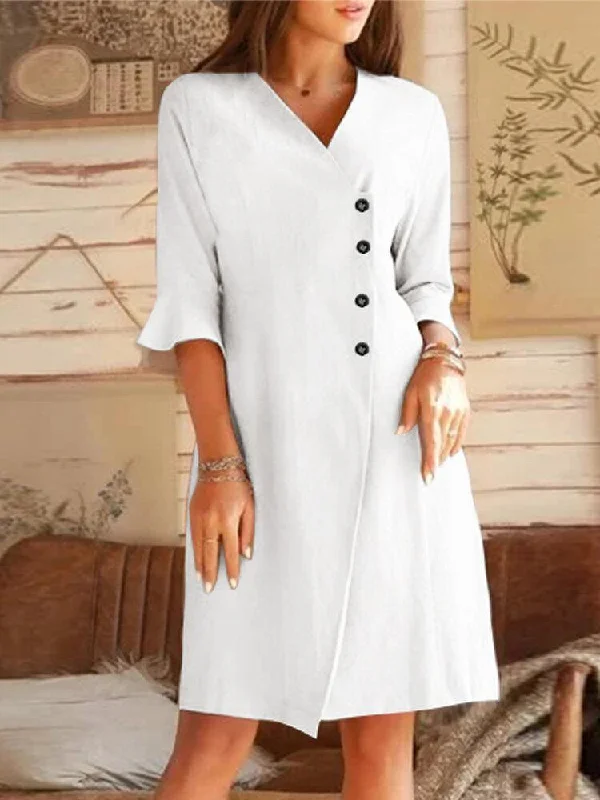 V-neck Oblique Placket Design Bell Sleeve Casual Dress