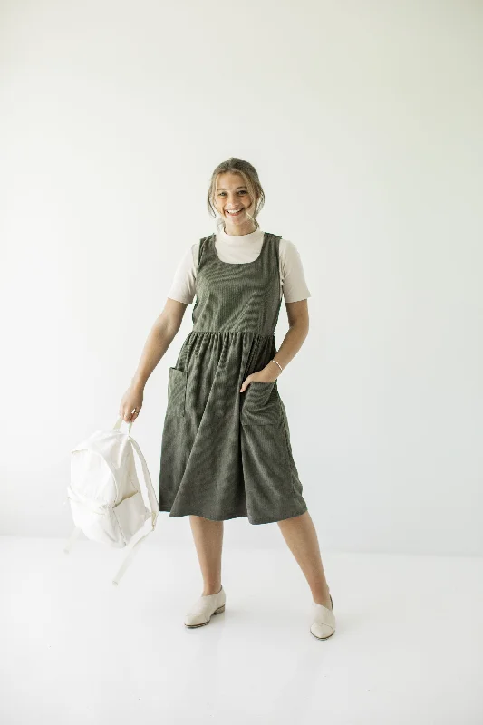 'Valley' Corduroy Overall Midi Dress in Dusty Olive