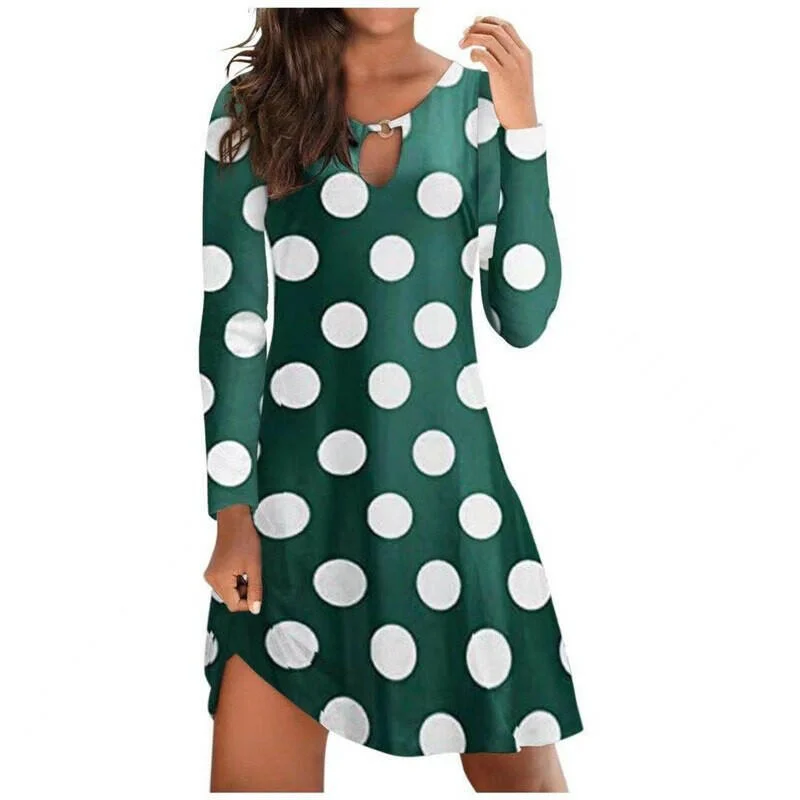 Vintage Dress Autumn New Casual Long Sleeve Round Neck Polka Dot Print Mini Dress Long T shirt Loose A-line Dress