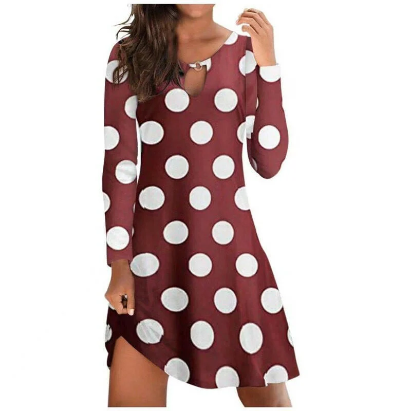 Vintage Dress Autumn New Casual Long Sleeve Round Neck Polka Dot Print Mini Dress Long T shirt Loose A-line Dress