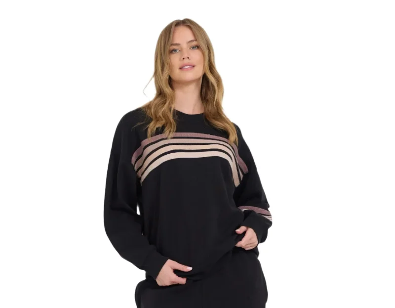 Vintage Havana Neutral Stripe Burnout Fleece Crewneck Sweatshirt Black VH12621