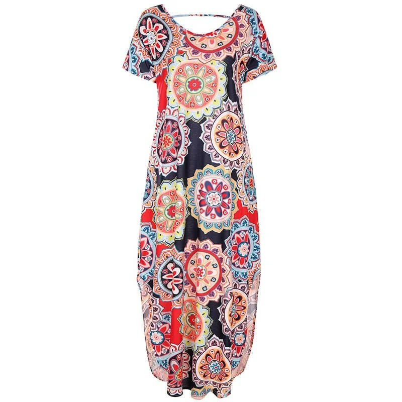 Women Beach Dresses Women's Sexy  Round Neck Floral Print Dress Casual Loose Dress