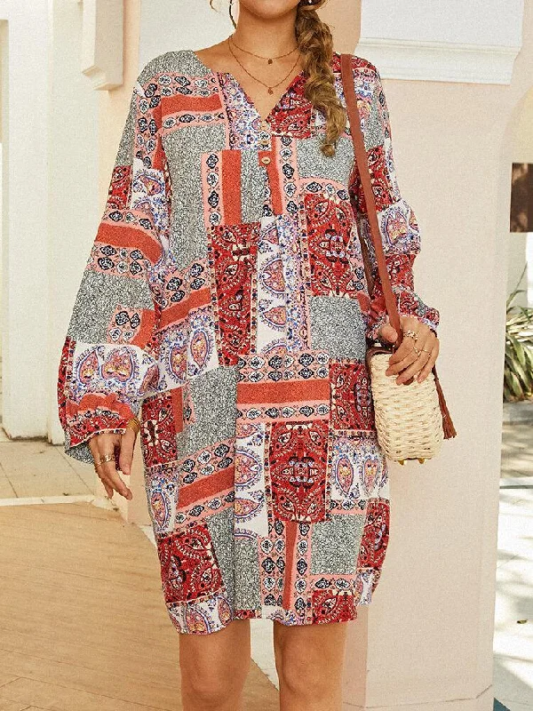 Women Colorblock Ethnic Style Print Puff Sleeve V-Neck Bohemian Midi Dress