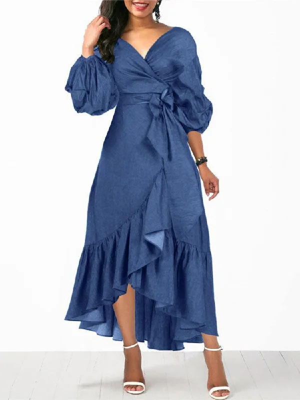 Women Denim Irregular Ruffle Hem Puff Sleeve Belted V-Neck Midi Dress - Trendy and Chic