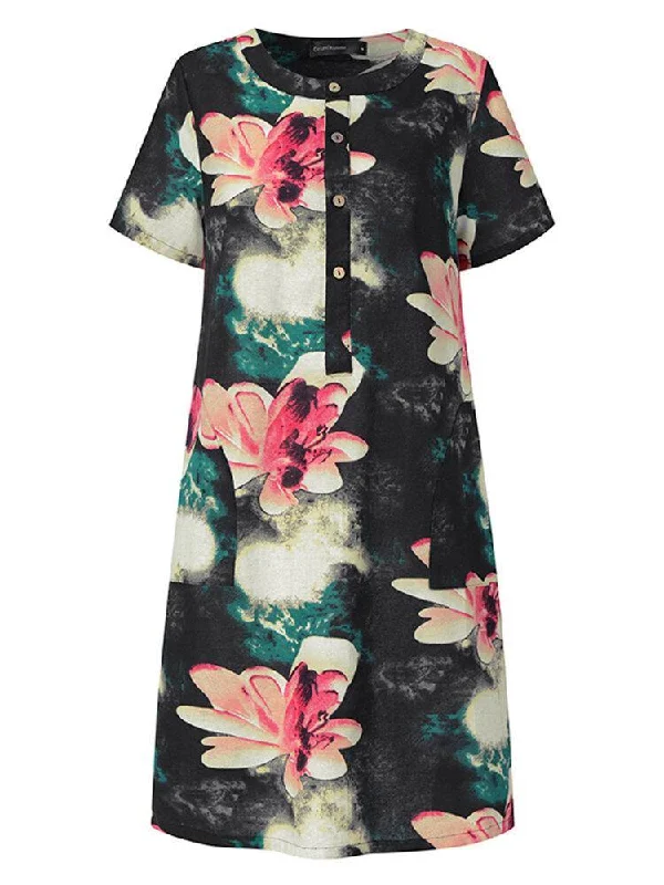 Women Ethnic Style Floral Print Short Sleeve Half Button Front Vintage Dresses