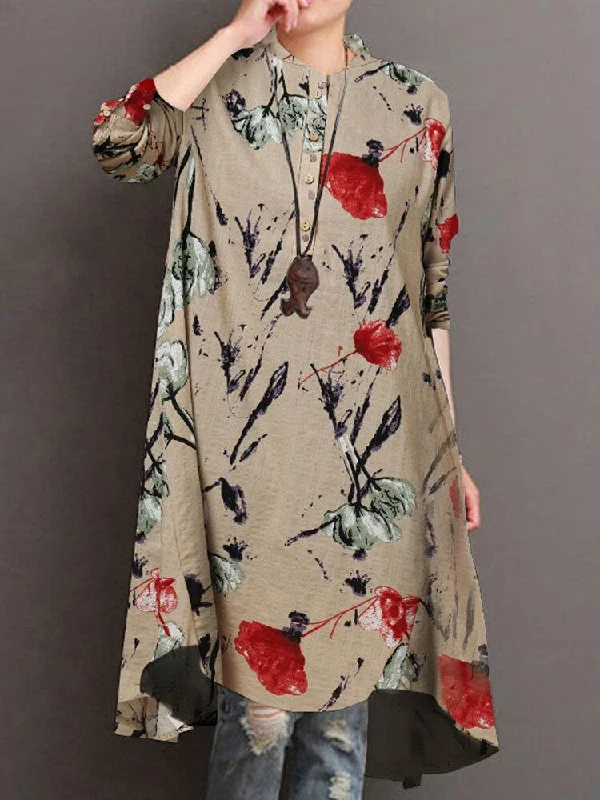 Women Floral Print Button Front High Low Hem Long Sleeve Midi Shirt Dress