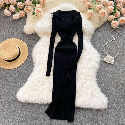 Women Korean Knitted Dress Long Sleeve V Neck Elastic Slim Pencil Dresses Autumn Sexy Bodycon Split Sweater Dress