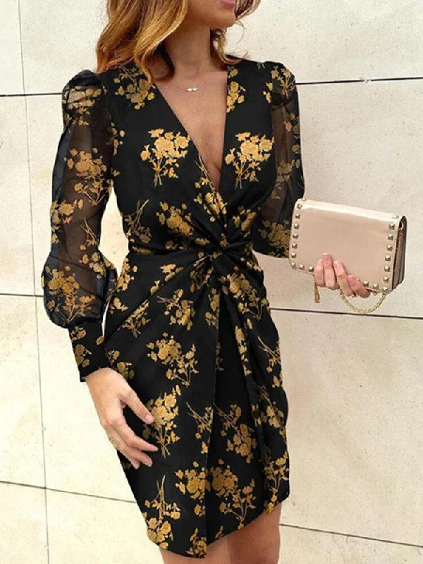 Women Leopard Twist V-Neck Elegant Long Sleeve Dress