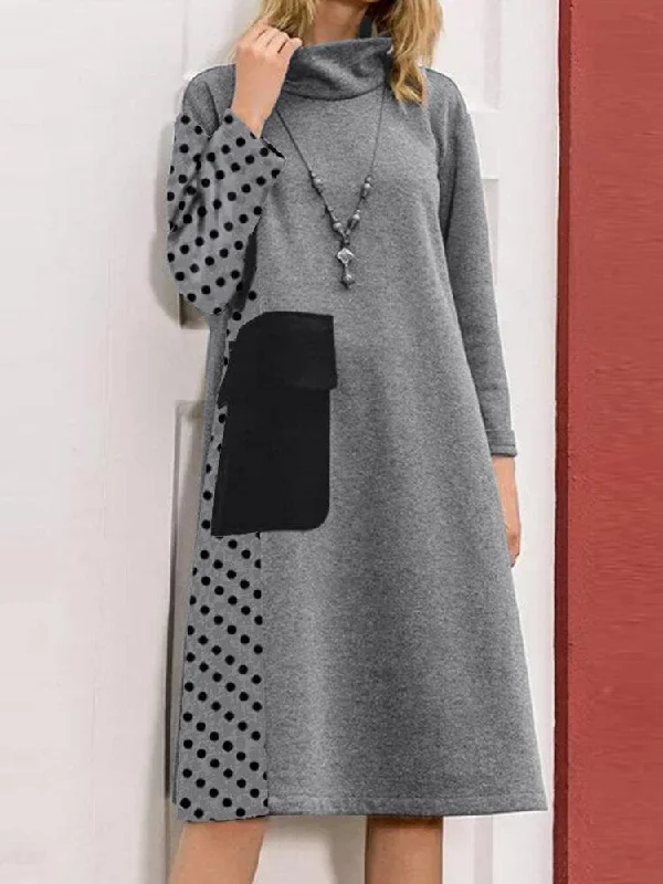 Women Patchwork Polka Dot Print Drop Shoulder Turtleneck Casual Dresses