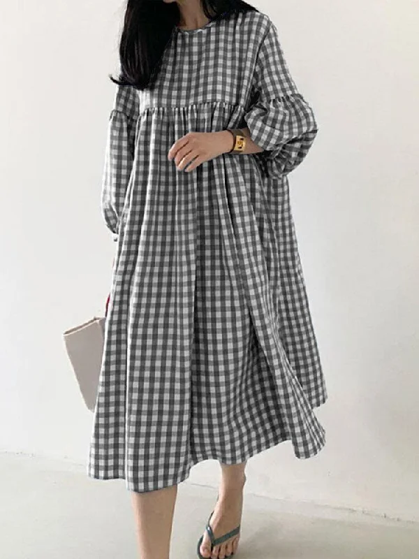 Women's Casual Plaid Midi Dress with Bohemian Puff Sleeves