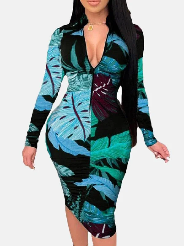 Women Plant Leaves Print Long Sleeve Zipper Elegant Midi Dress