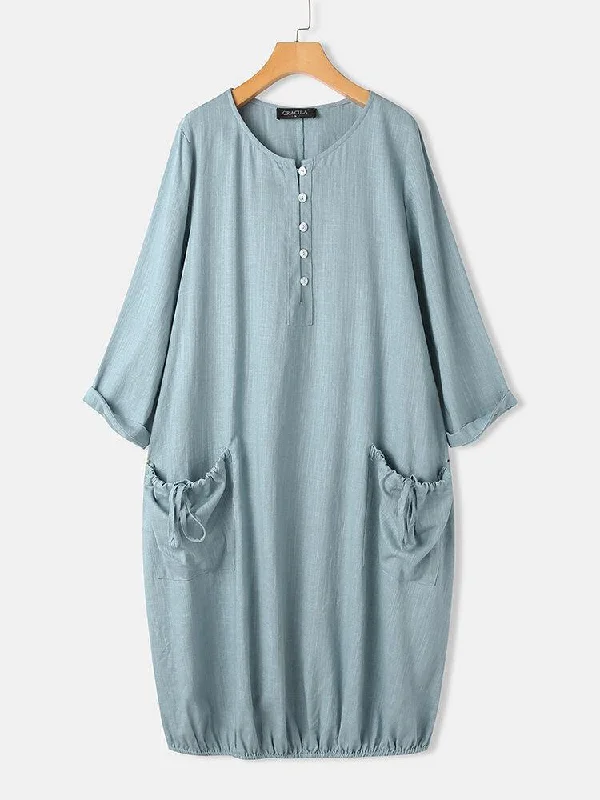 Women Solid Color Half Button Long Sleeve Dress With Drawstring Pocket