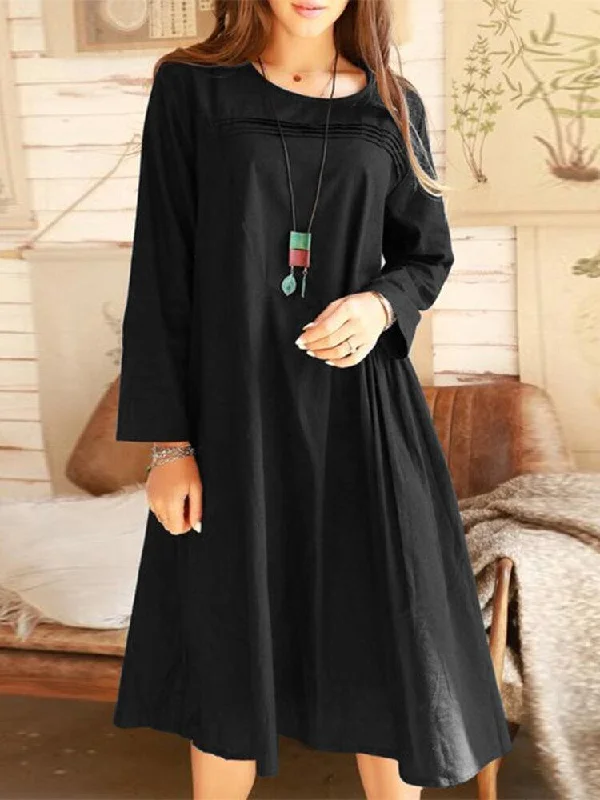 Women Solid Color O-Neck Long Sleeve Simple Dress