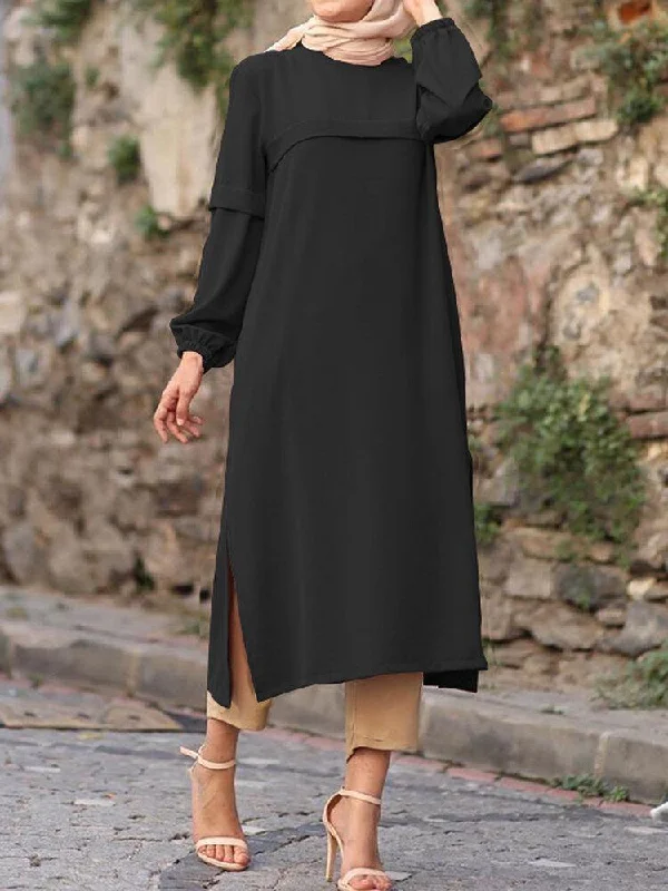 Women Solid Color Puff Sleeves Side Silt Elastic Cuffs O-Neck Casual Midi Dress