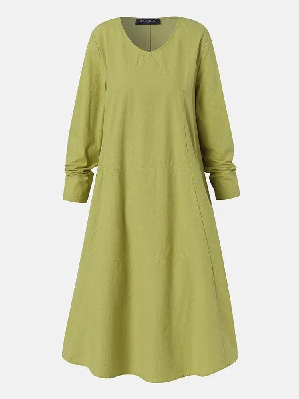 Women Solid Color V-Neck Long Sleeve Plain Casual Dress With Side Pocket