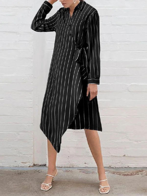 Women Striped Irregular Wrap Tie Side Stylish Long Sleeve Midi Dresses