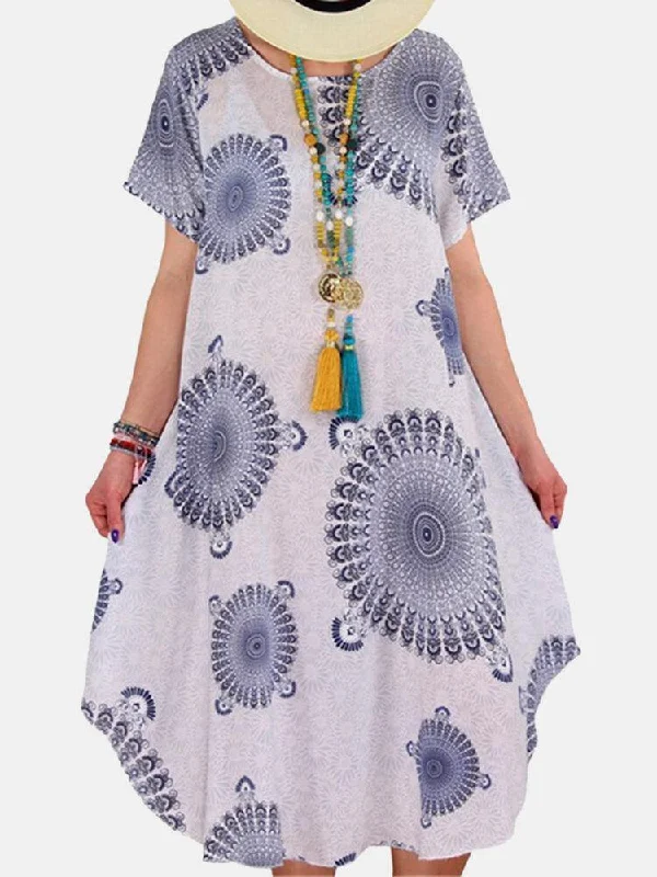 Women Tribal Print Round Neck Short Sleeve Vintage Dresses