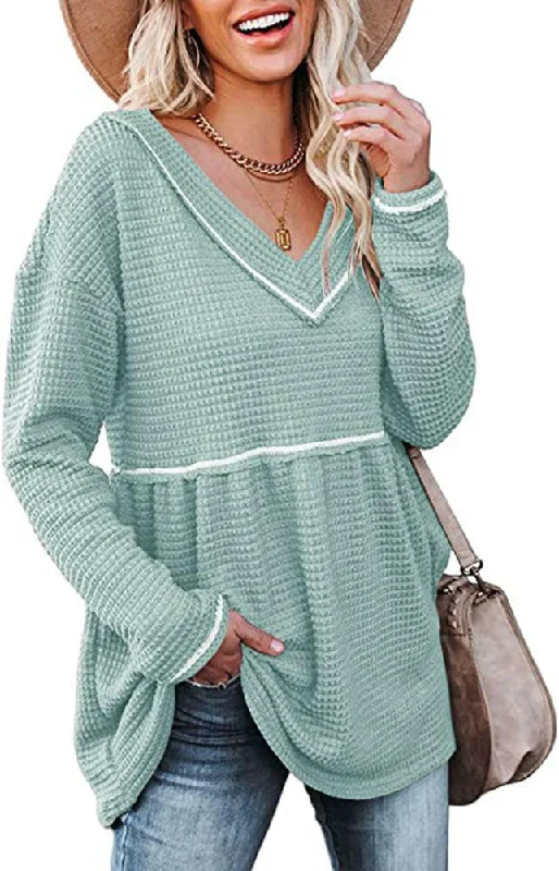 Women's Autumn/Winter V Neck Long Sleeve Tunic Knit Sweater Smocked T-Shirt Dress