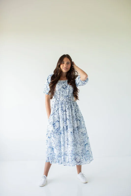 'Yvette' Ruffled Blue Floral Midi Dress in White