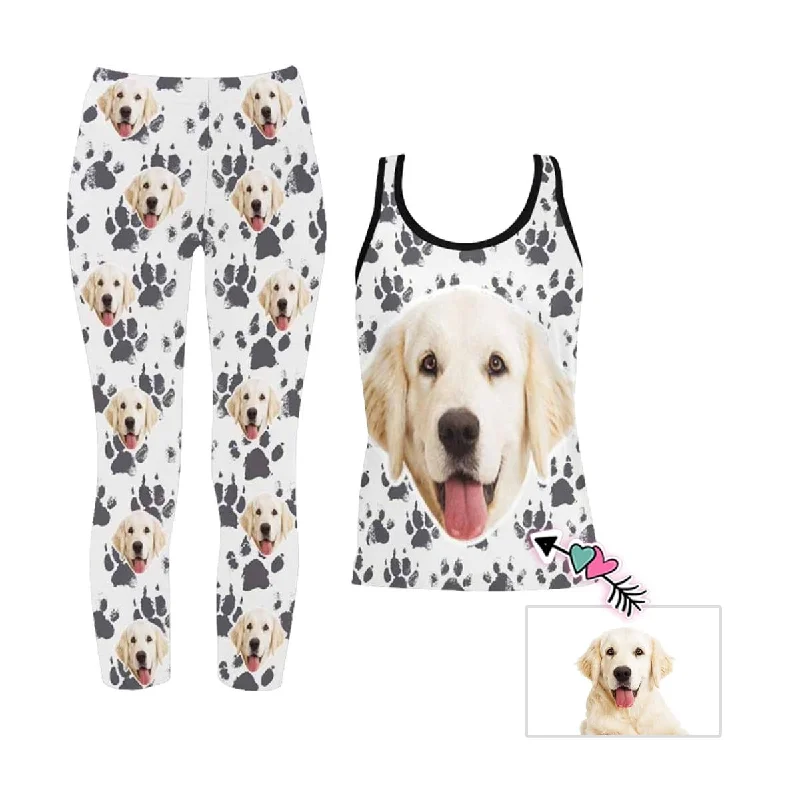 Custom Face Dog Paw Women's 2 Piece Stretchy Racerback Tank & Legging Set