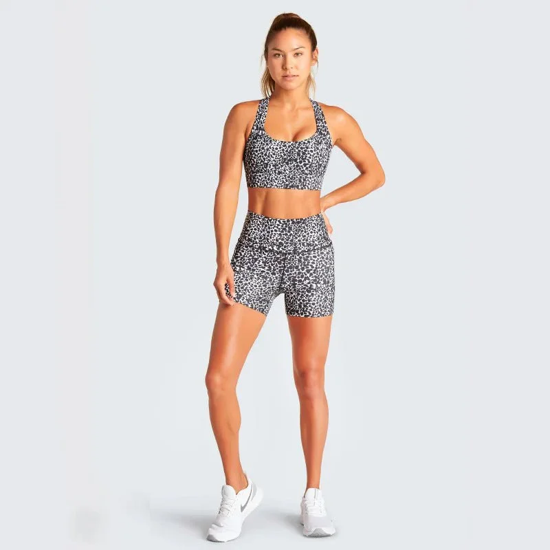 Leopard Print Activewear Shorts Set with Pocket-Black Leopard