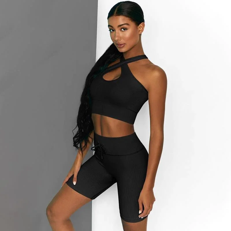 Sara 2 Piece High Waist Running Shorts And Bra Seamless Set-Black