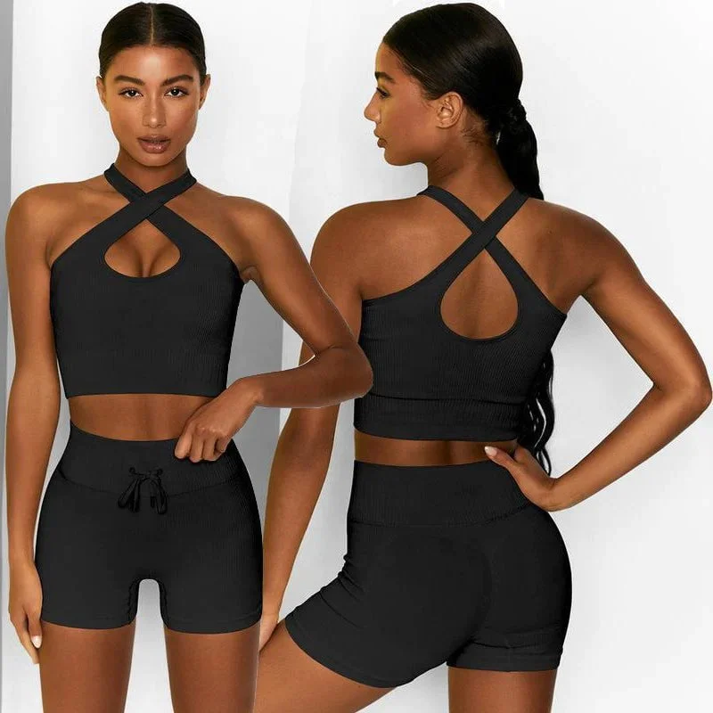 Sara 2 Piece High Waist Running Shorts And Bra Seamless Set-Black