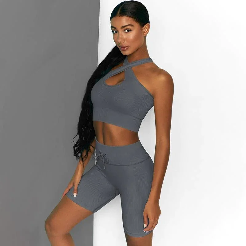 Sara 2 Piece High Waist Running Shorts And Bra Seamless Set-Dark Grey