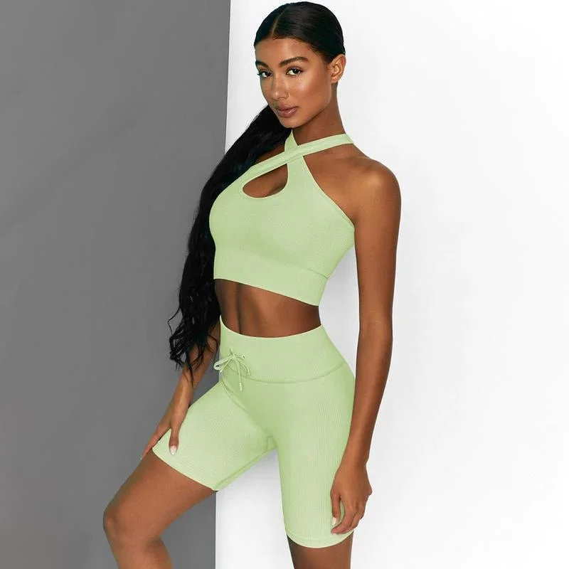 Sara 2 Piece High Waist Running Shorts And Bra Seamless Set-Green