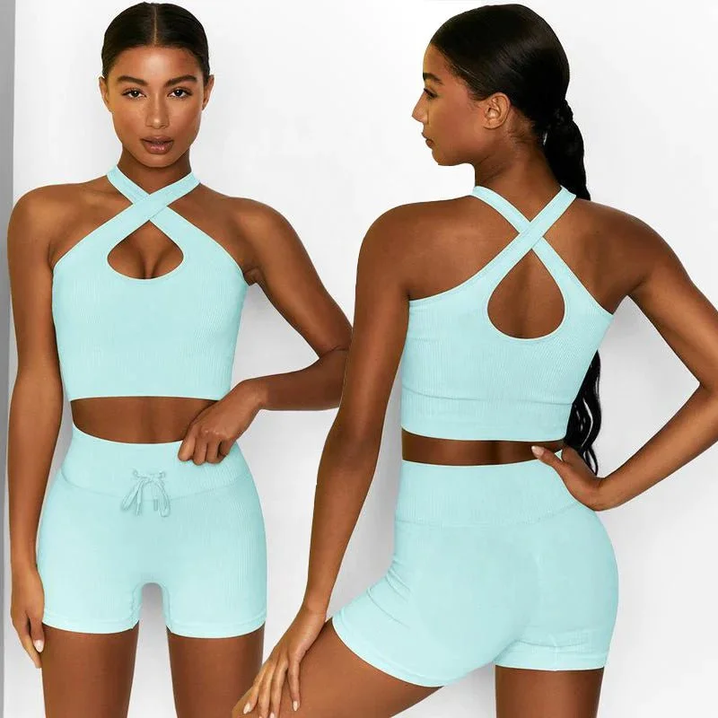 Sara 2 Piece High Waist Running Shorts And Bra Seamless Set-Light Blue