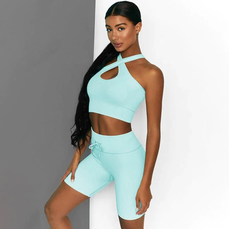 Sara 2 Piece High Waist Running Shorts And Bra Seamless Set-Light Blue