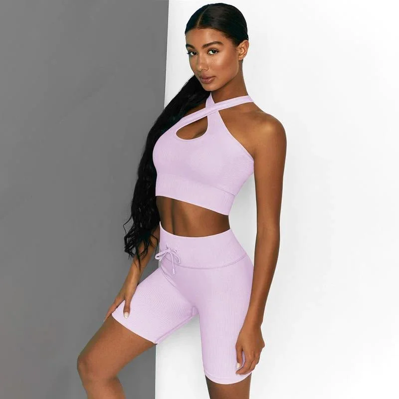 Sara 2 Piece High Waist Running Shorts And Bra Seamless Set-Purple