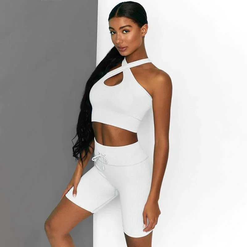 Sara 2 Piece High Waist Running Shorts And Bra Seamless Set-White