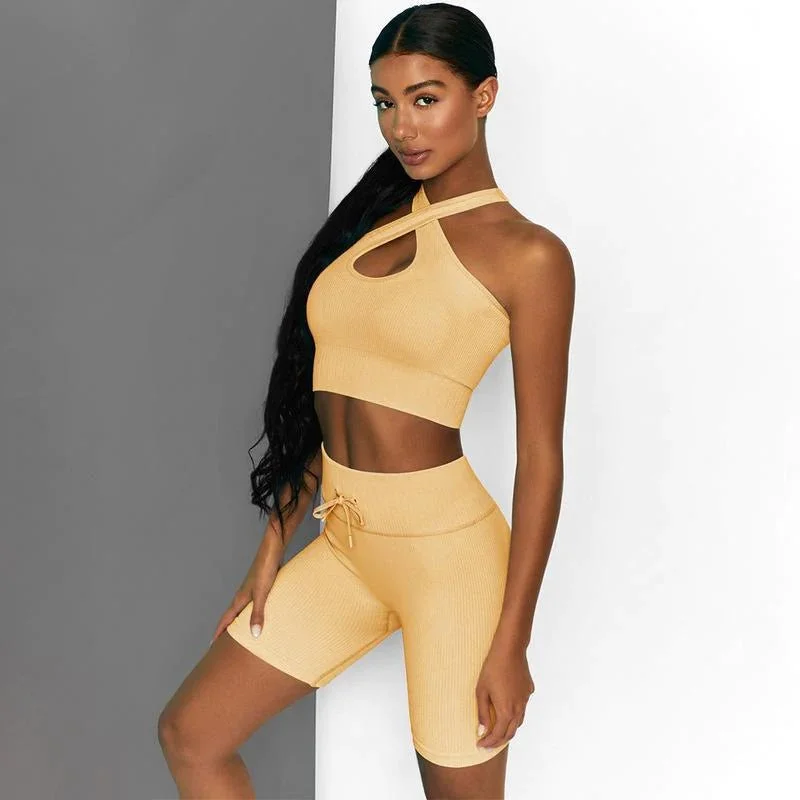 Sara 2 Piece High Waist Running Shorts And Bra Seamless Set-Yellow