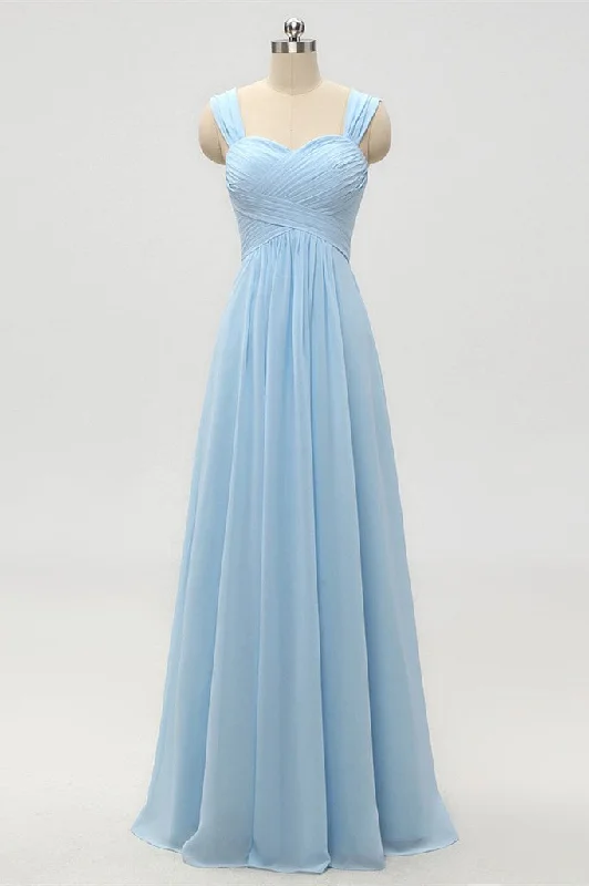 A-Line Empire Waist Light Blue Long Bridesmaid Dress Crew Neckline Casual