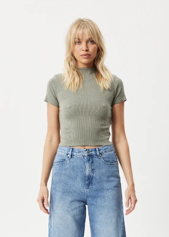 AFENDS Womens Iconic - Ribbed T-Shirt - Olive Spandex Blend Rayon Blend Denim Blend