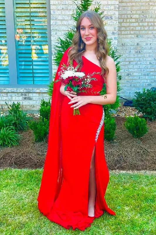 Asymmetrical One Shoulder Beaded Prom Dress with Cape Tunics Cozy comfortable