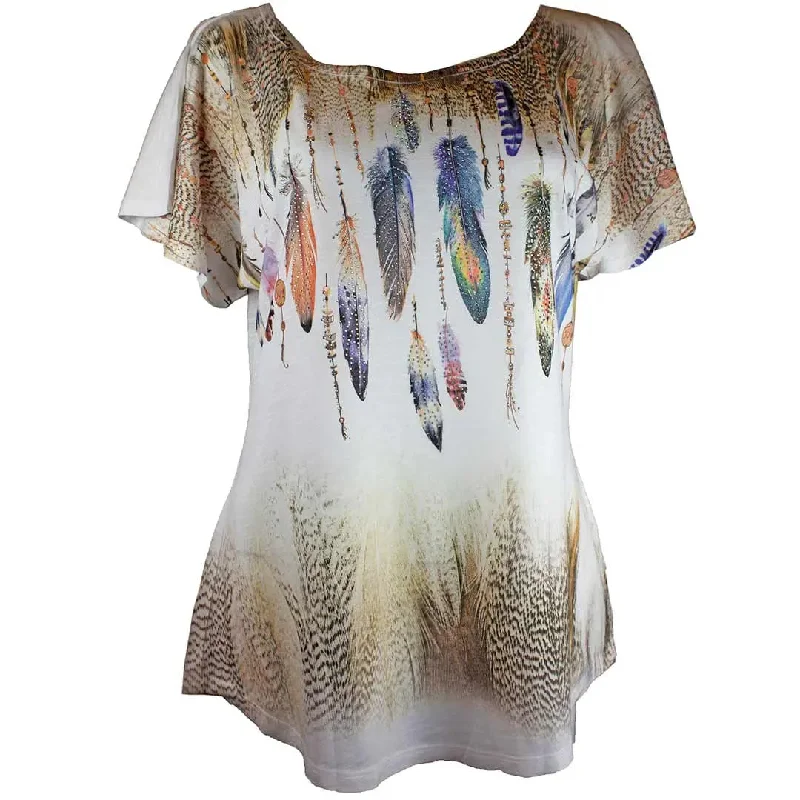 Big Bang Clothing Women's Rhinestone Feather T-Shirt Asymmetrical Pockets Print