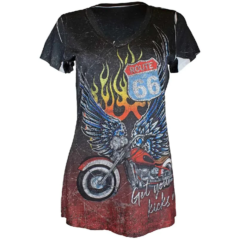 Big Bang Clothing Women's Route 66 T-Shirt Solid Color Striped Floral