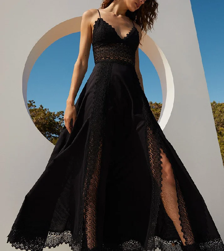 BRENDA Long Dress in Black Crew Neckline Sporty
