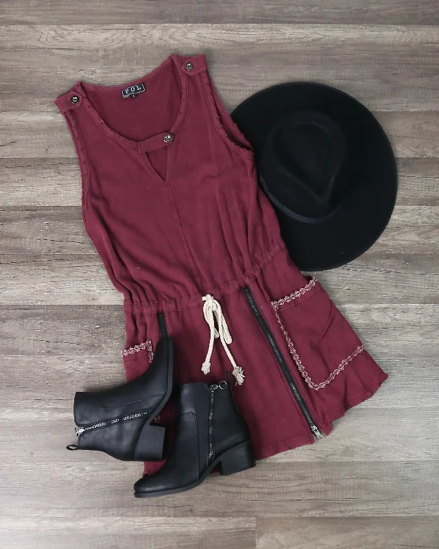 Casual And Comfy Drawstring Waist Dress in Burgundy Tunics Mesh breathable