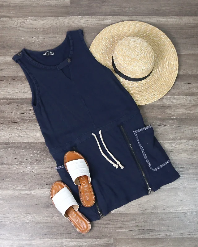 Casual And Comfy Drawstring Waist Dress in Navy Tunics Silk luxurious