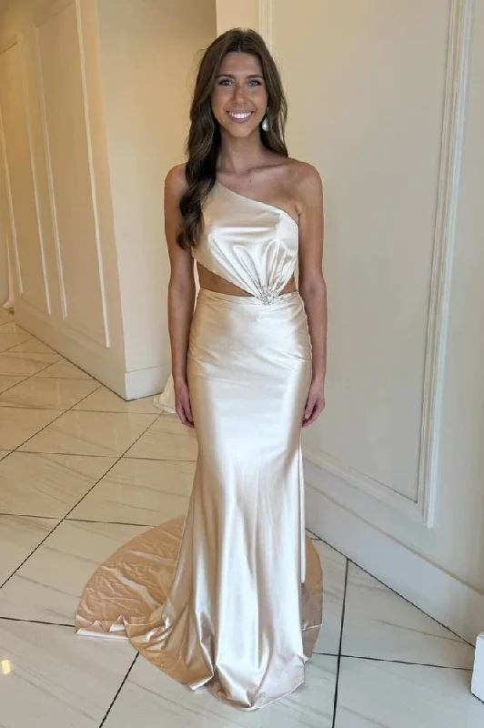 Champagne One-Shoulder Mermaid Satin Long Dress Tunics Sophisticated sleek