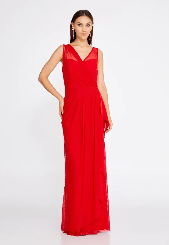 Chiffon Wrap Column Long Dress - Red Boat Neckline Classic